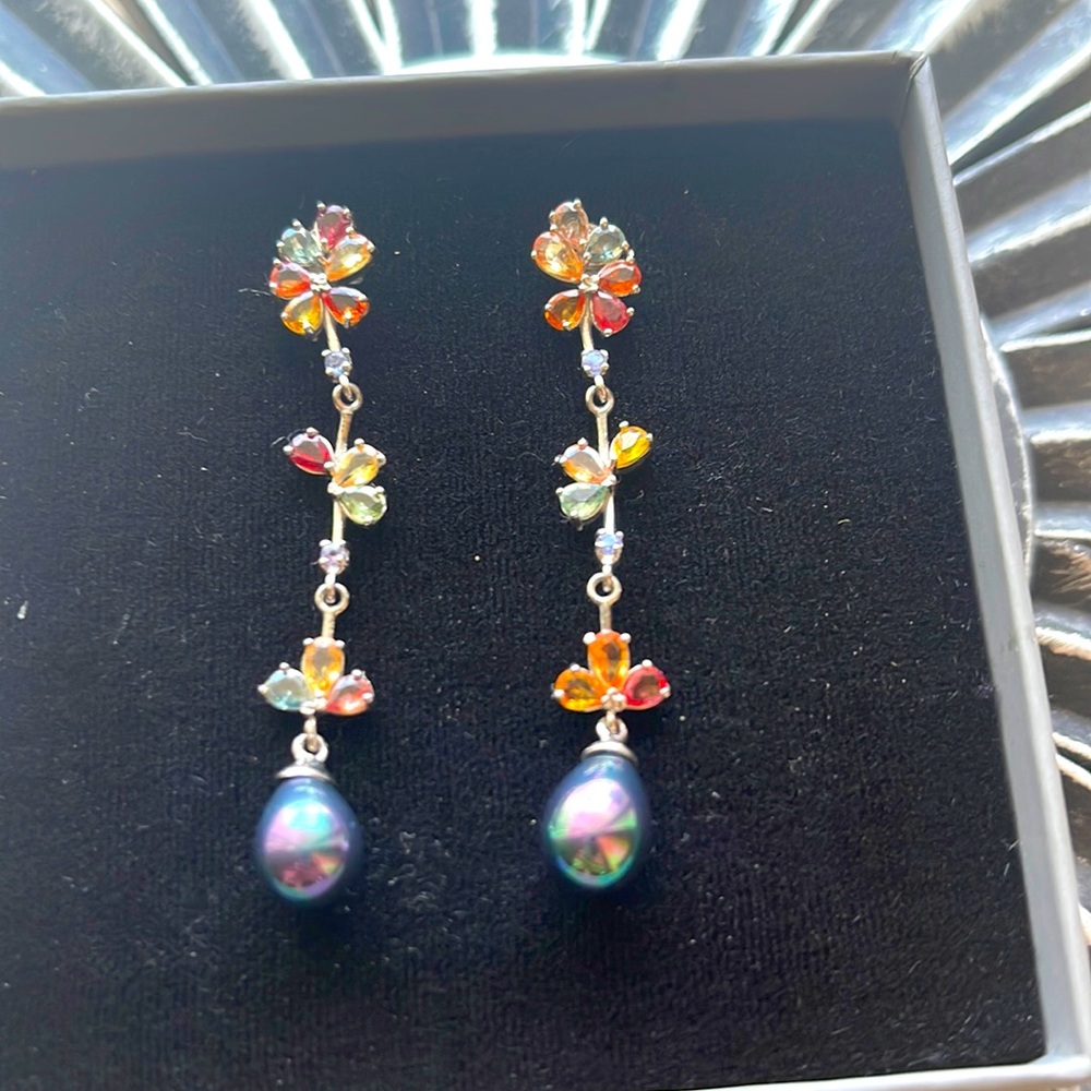 925 Sterling silver earrings with multicolored gems and black pearls